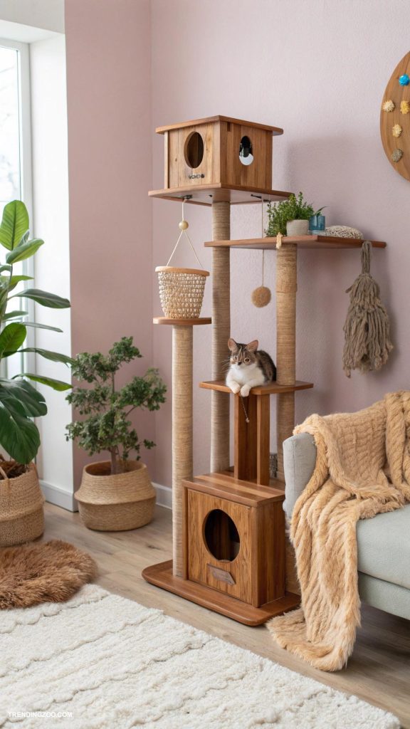 cat wall furniture Multi level wooden cat condos against wall