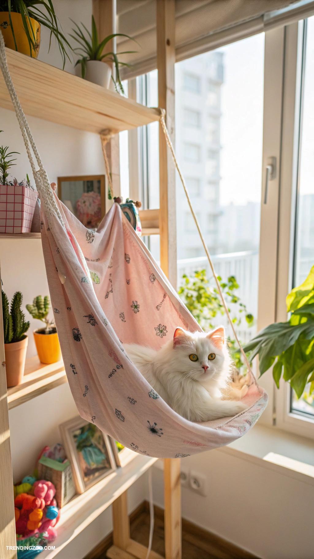 diy cat hammock Fabric hammock suspended between two shelves
