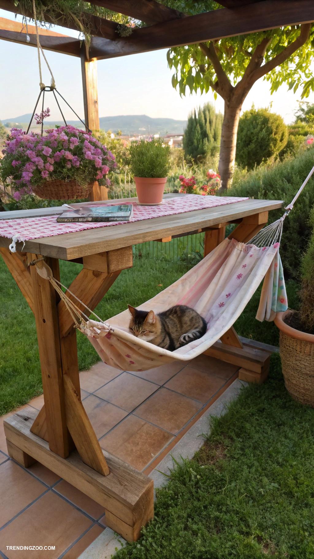 diy cat hammock Sling hammock under a table for shade