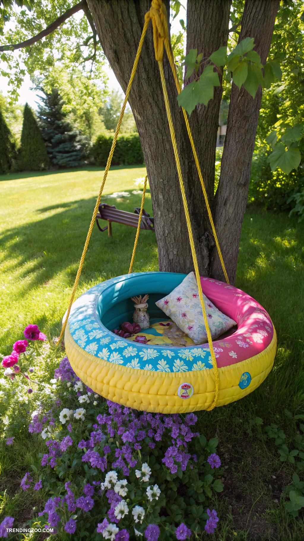 diy cat hammock Tire hammock painted bright colors outside