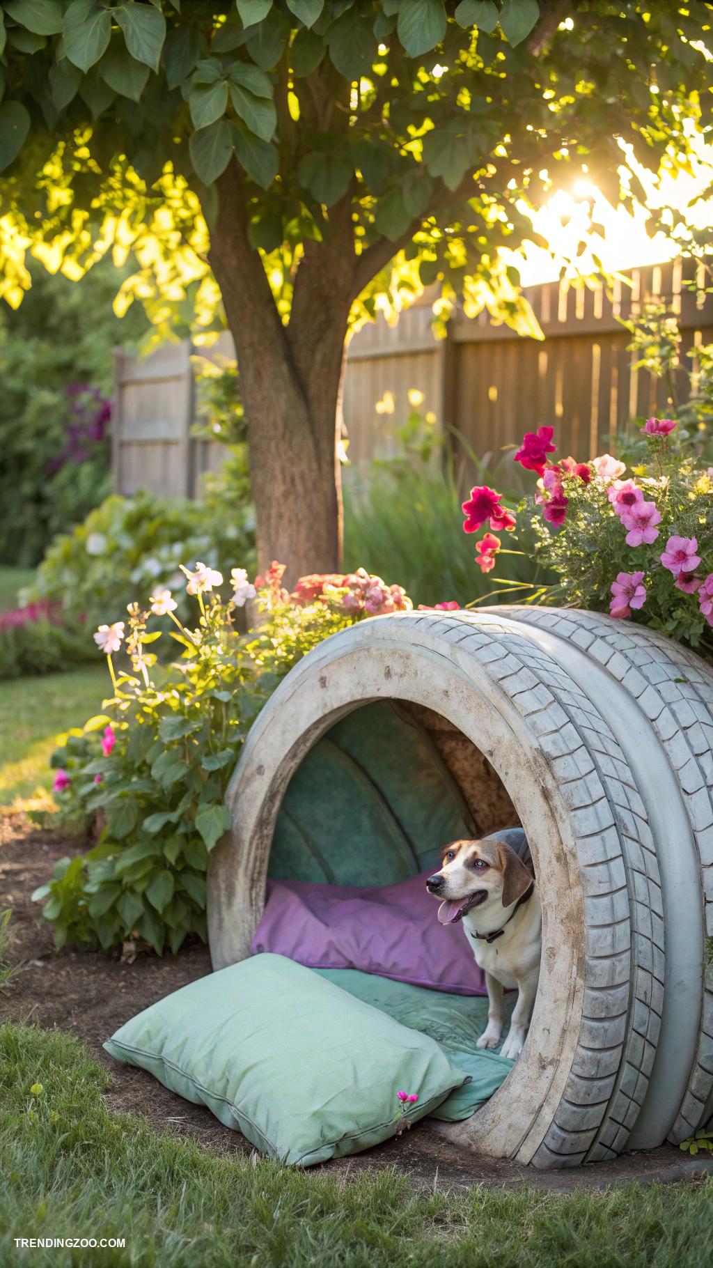 diy dog house Upcycled tire dog house with cushions
