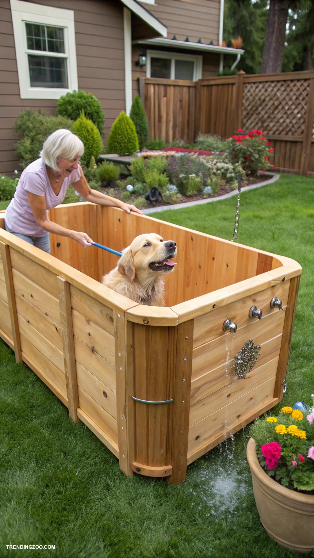 dog bathing station ideas DIY wooden tub with drainage system