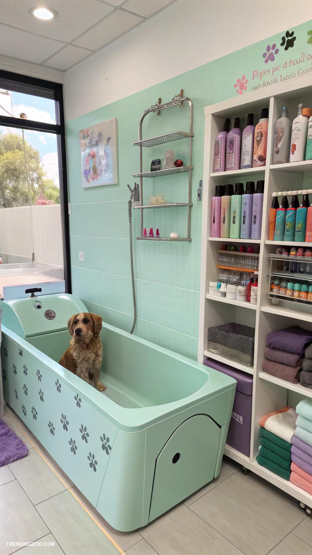 dog bathing station ideas Doggy grooming station with storage shelves