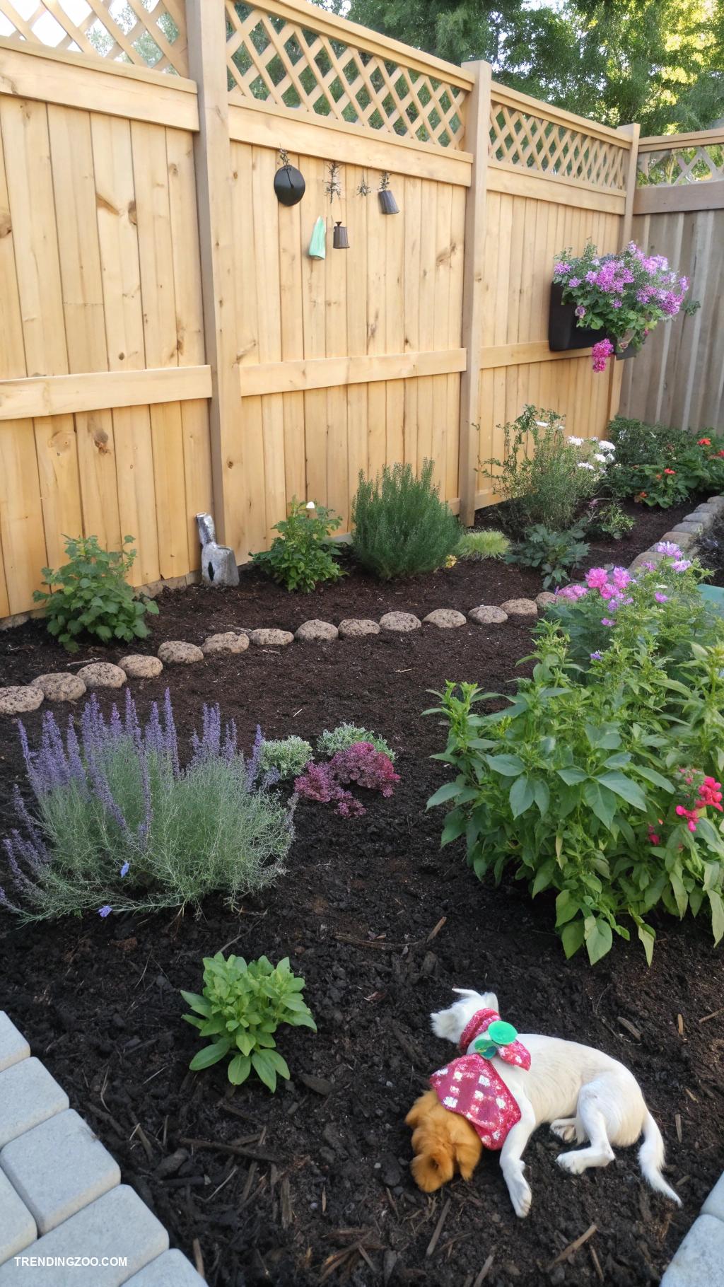 dog digging area Mulch zone with fragrant herbs