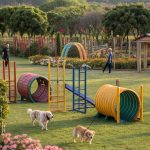 dog playground ideas Enclosed park with agility equipment stations