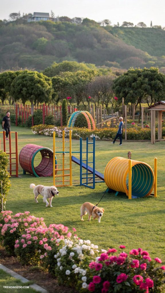 dog playground ideas Enclosed park with agility equipment stations