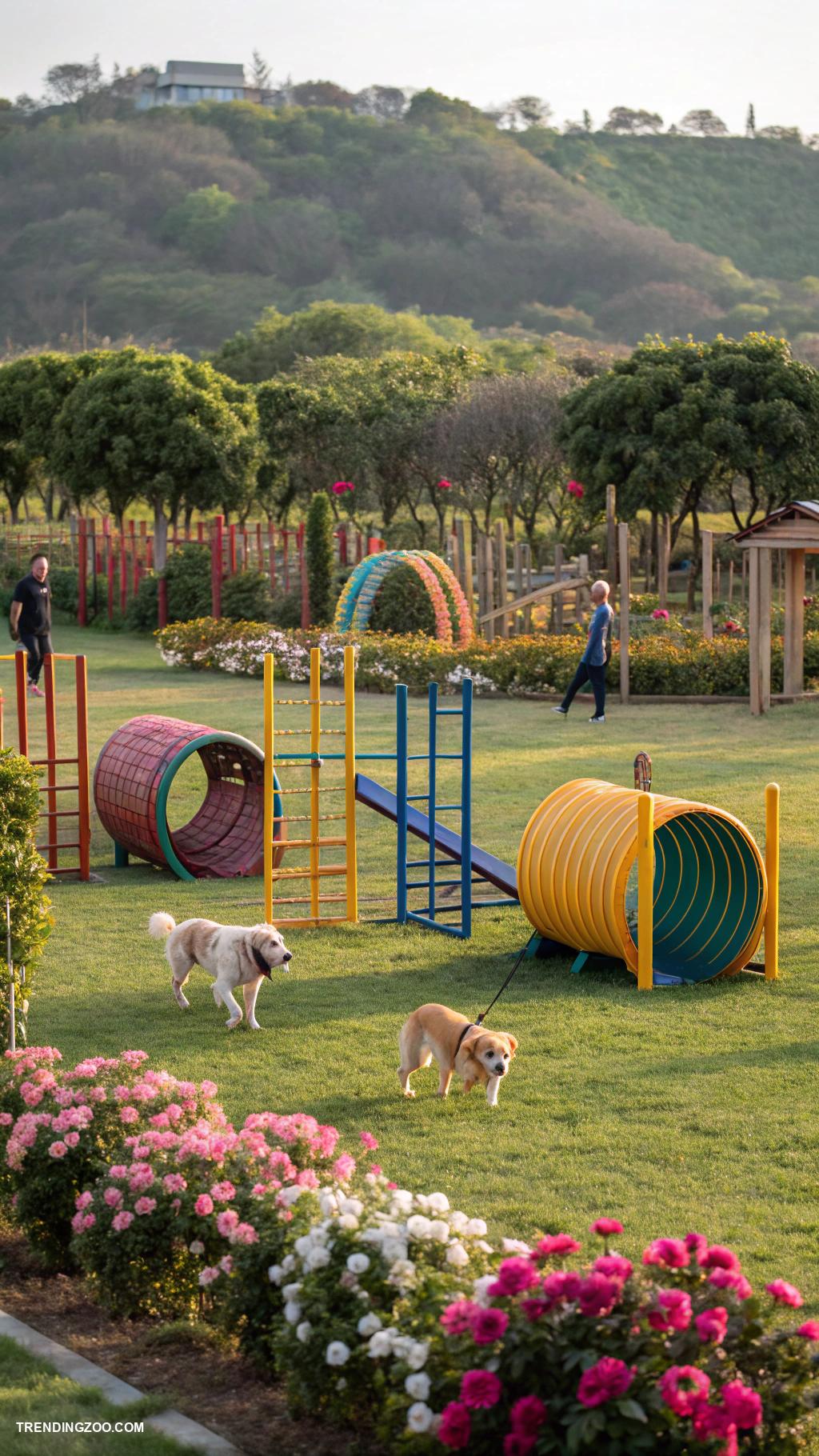 dog playground ideas Enclosed park with agility equipment stations