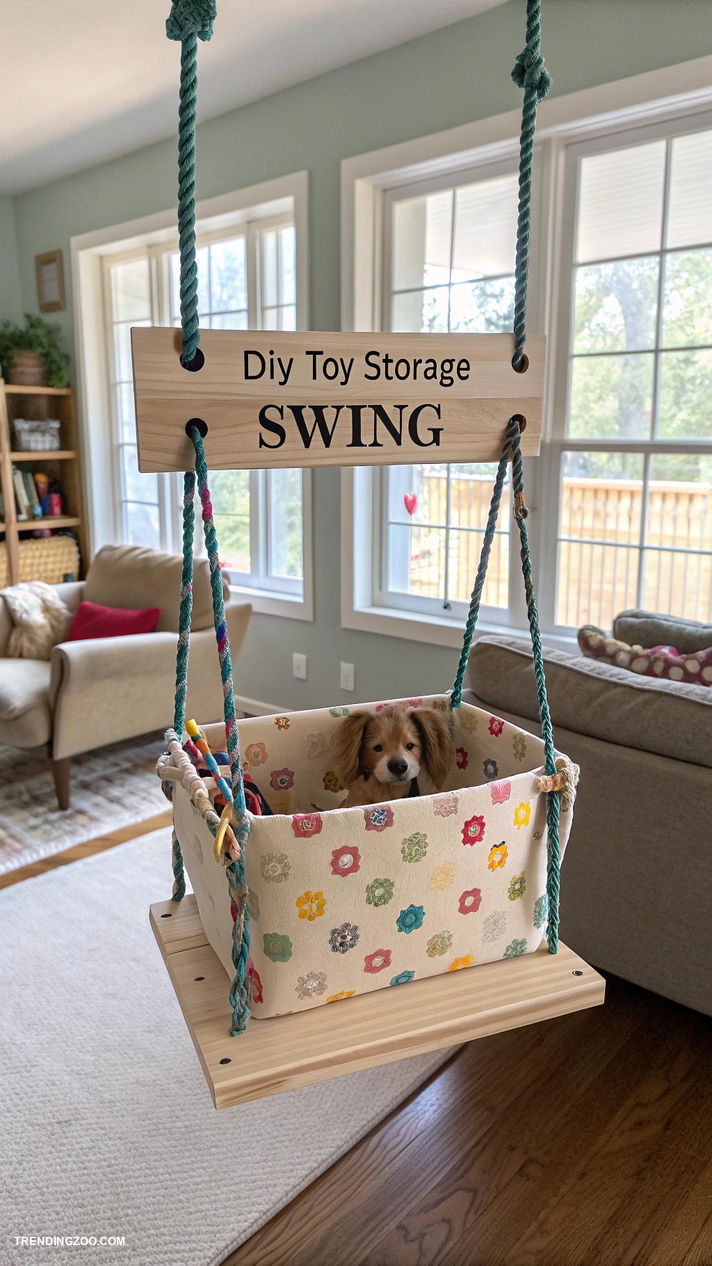 dog supplies organization ideas DIY toy storage swings from ceiling