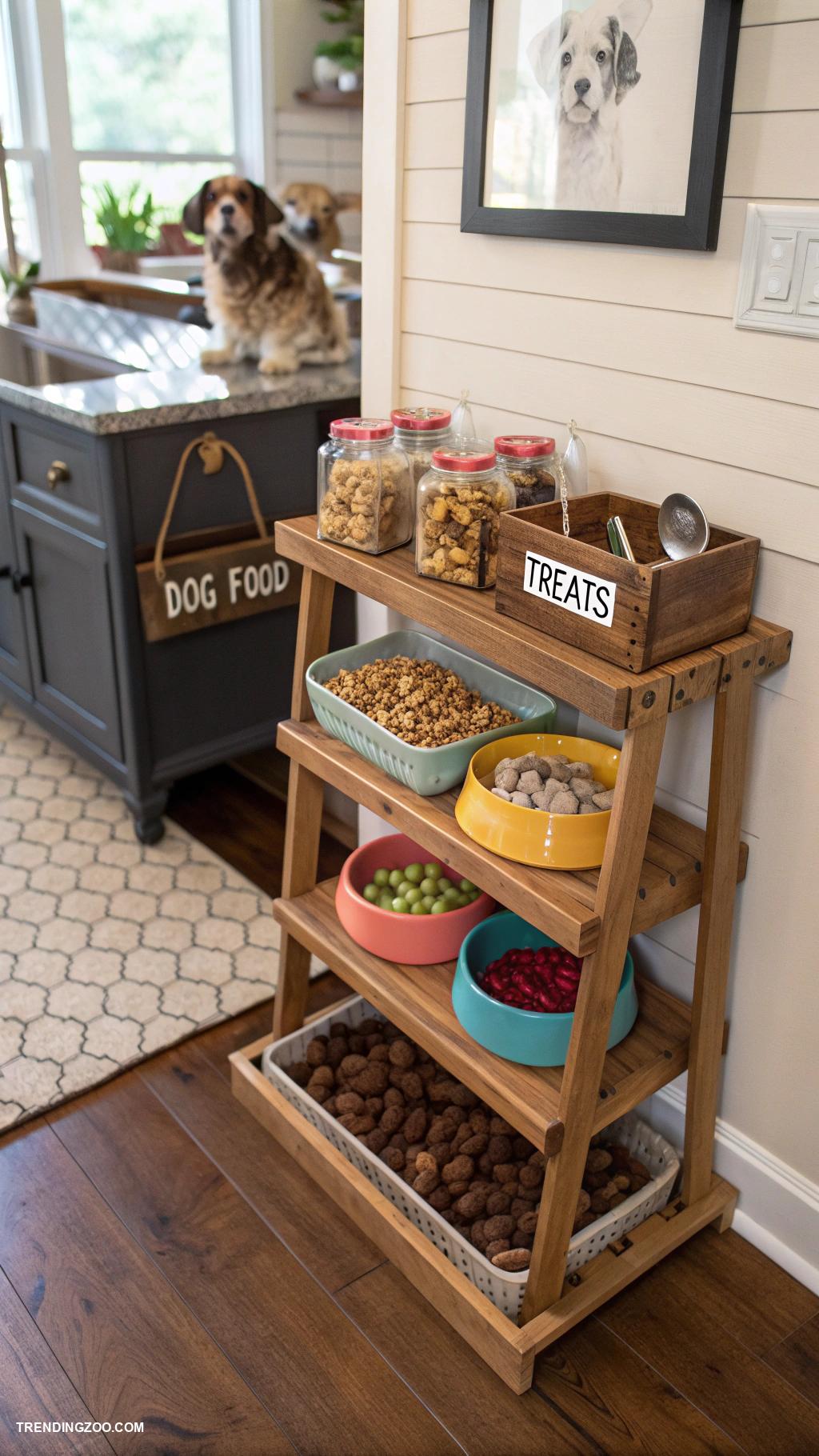 dog supplies organization ideas Multi tiered shelf for food and treats