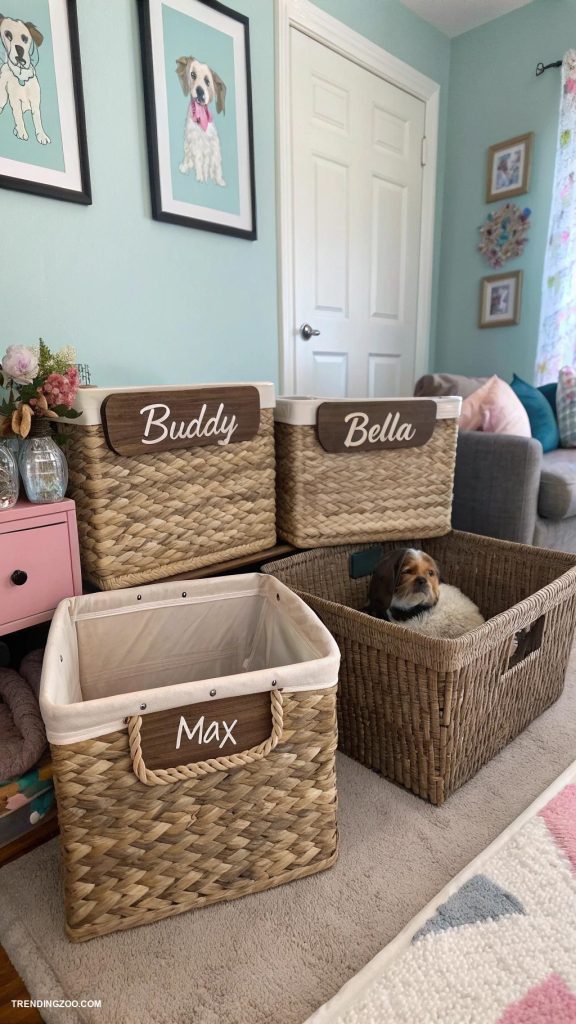 dog supplies organization ideas Personalized labeled bins for each pet