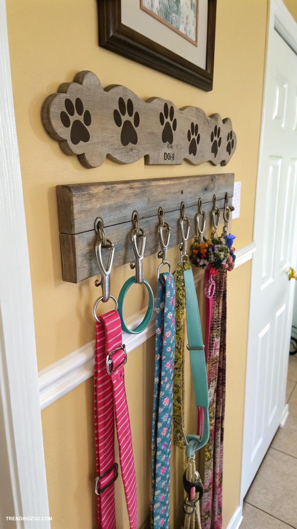 dog supplies organization ideas Wall mounted leash and collar hooks