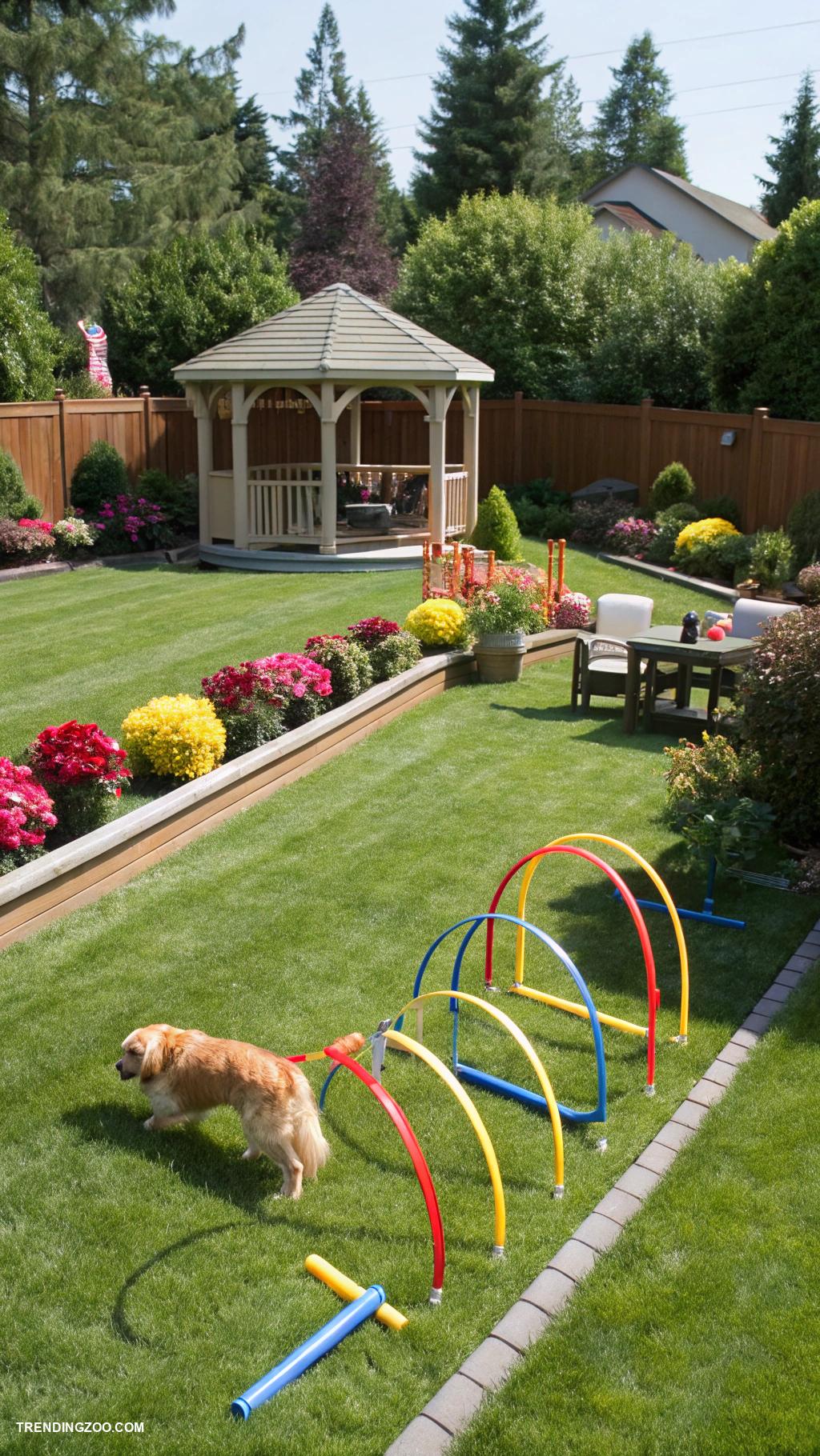 dog yard landscaping Agility courses with tunnels and jumps