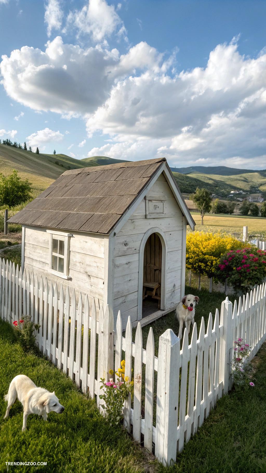 farmhouse style dog house designs Whitewashed shed with picket fence