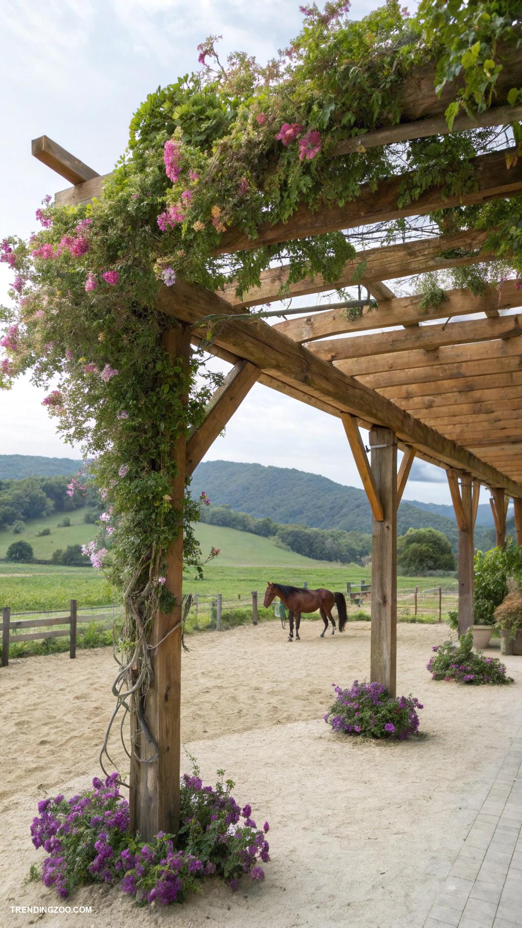 horse shelter ideas Natural wooden pergola with climbing plants