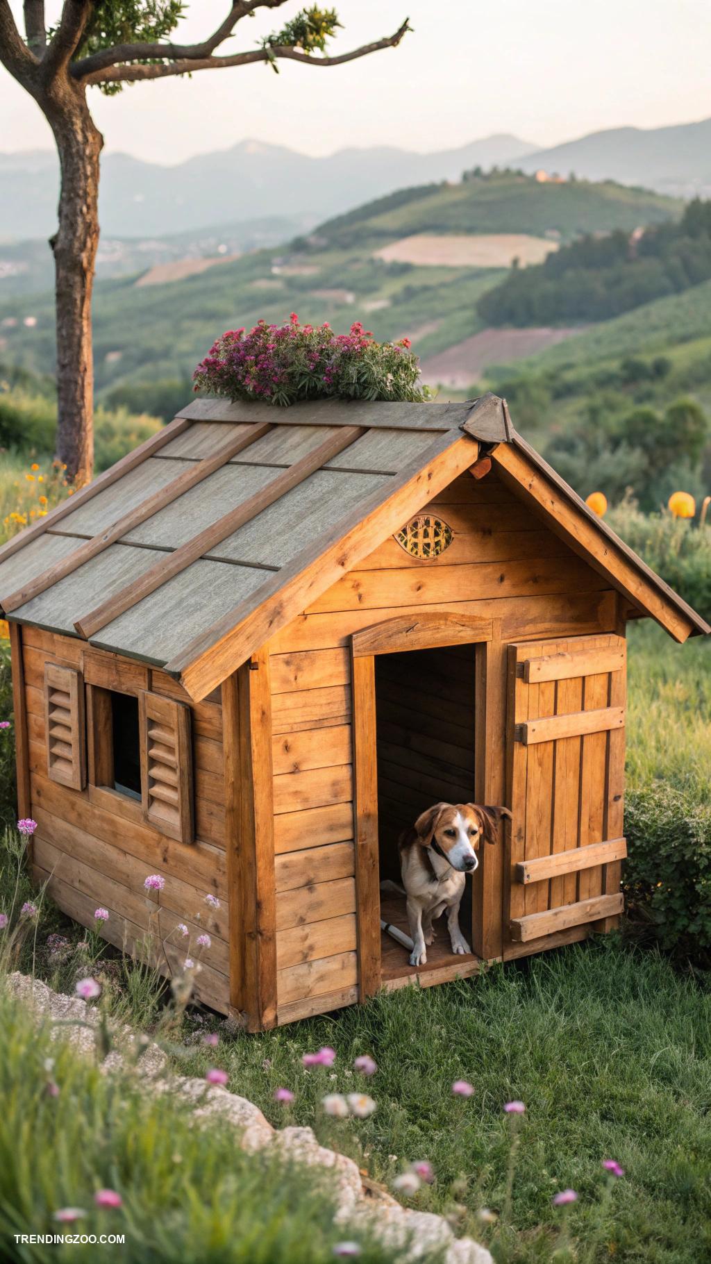 rustic dog house designs Humble hut with wooden shutters