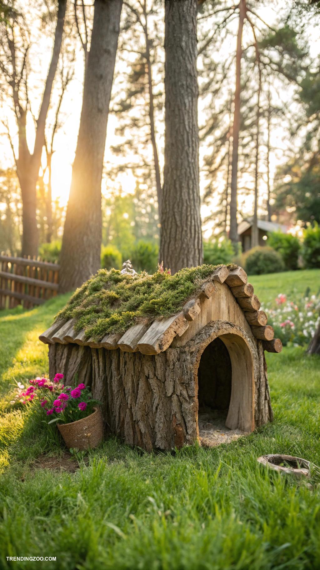 rustic dog house designs Tree stump dog house with bark accents