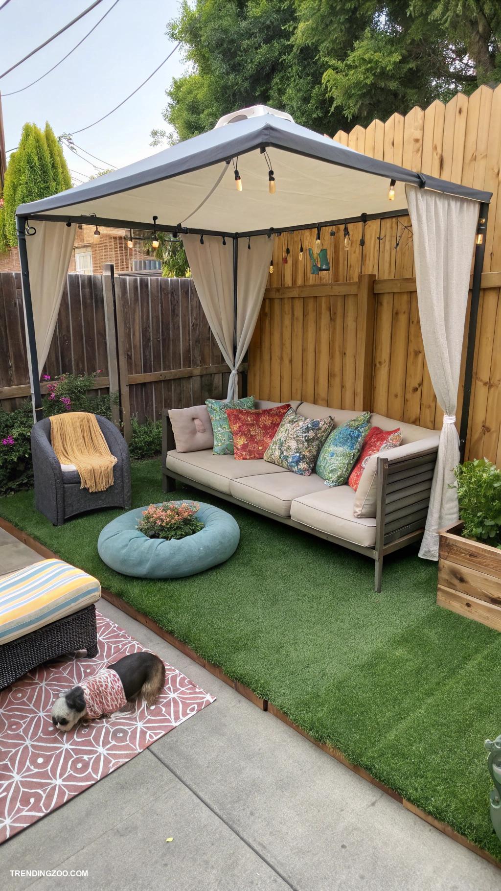 side yard dog run ideas Covered lounge area with pet furniture