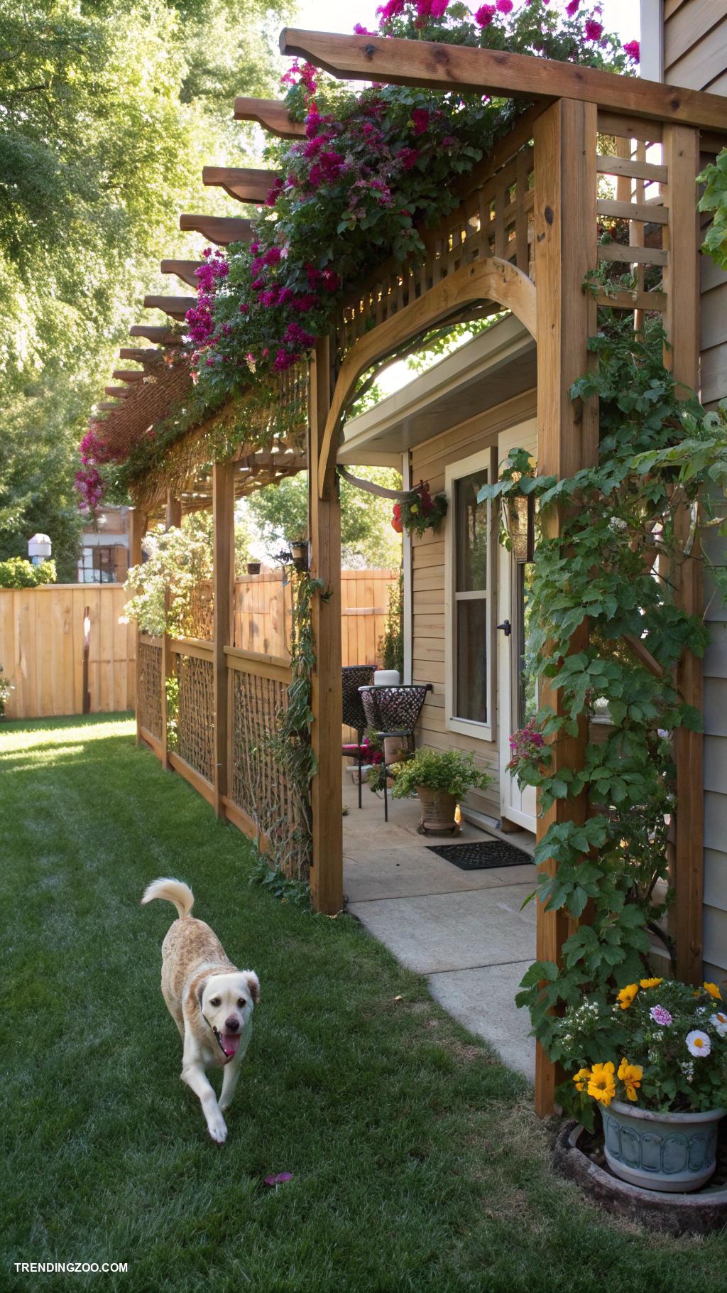 side yard dog run ideas Wooden trellis for shade and fun