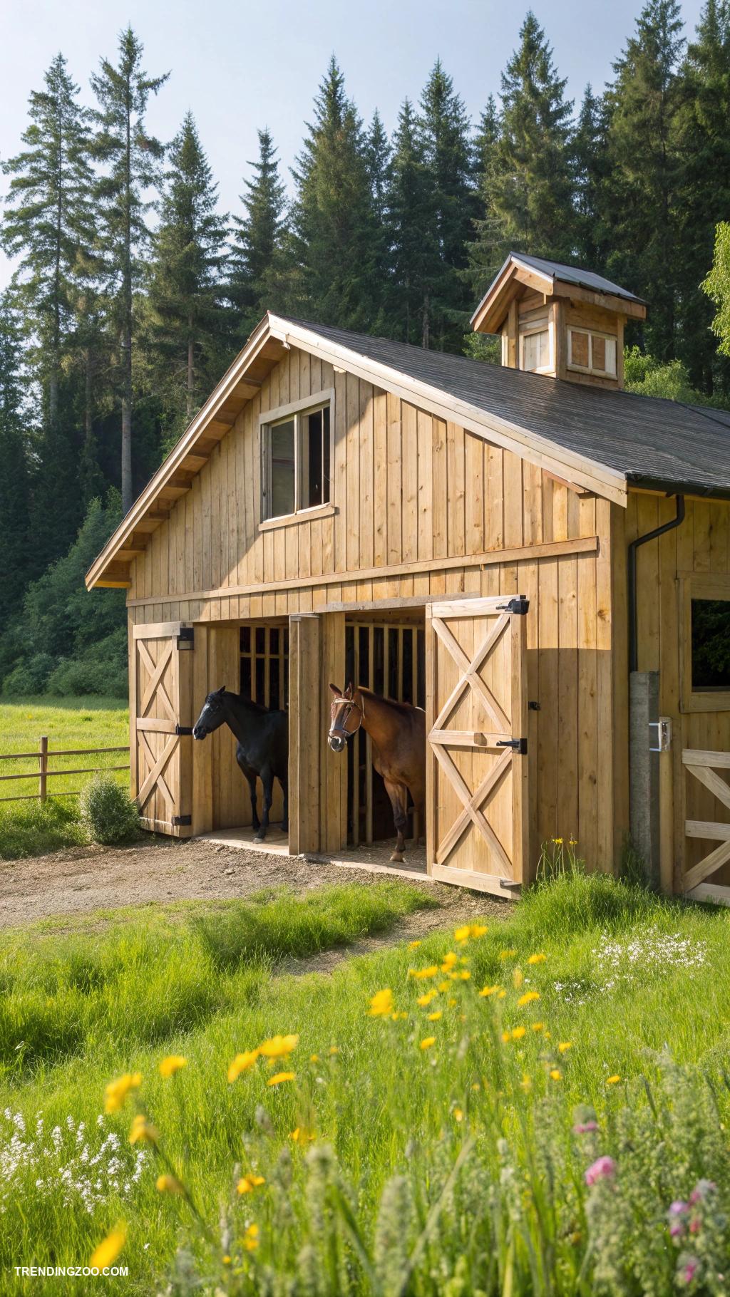 simple horse barns Natural wood barn with open airflow
