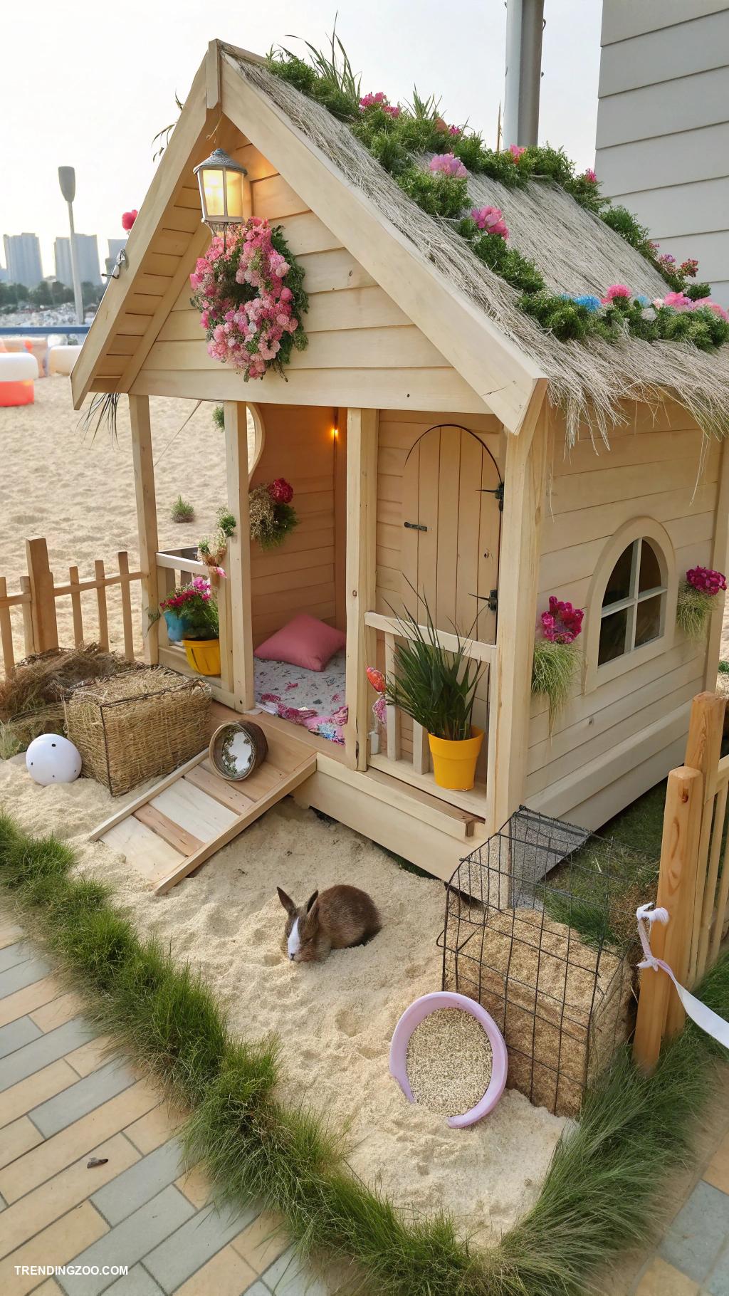 bunny cages Bunny beach hut with sand area