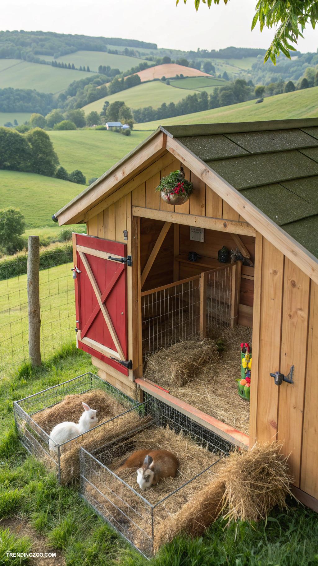 bunny cages Cozy barn style rabbit shelter with hay