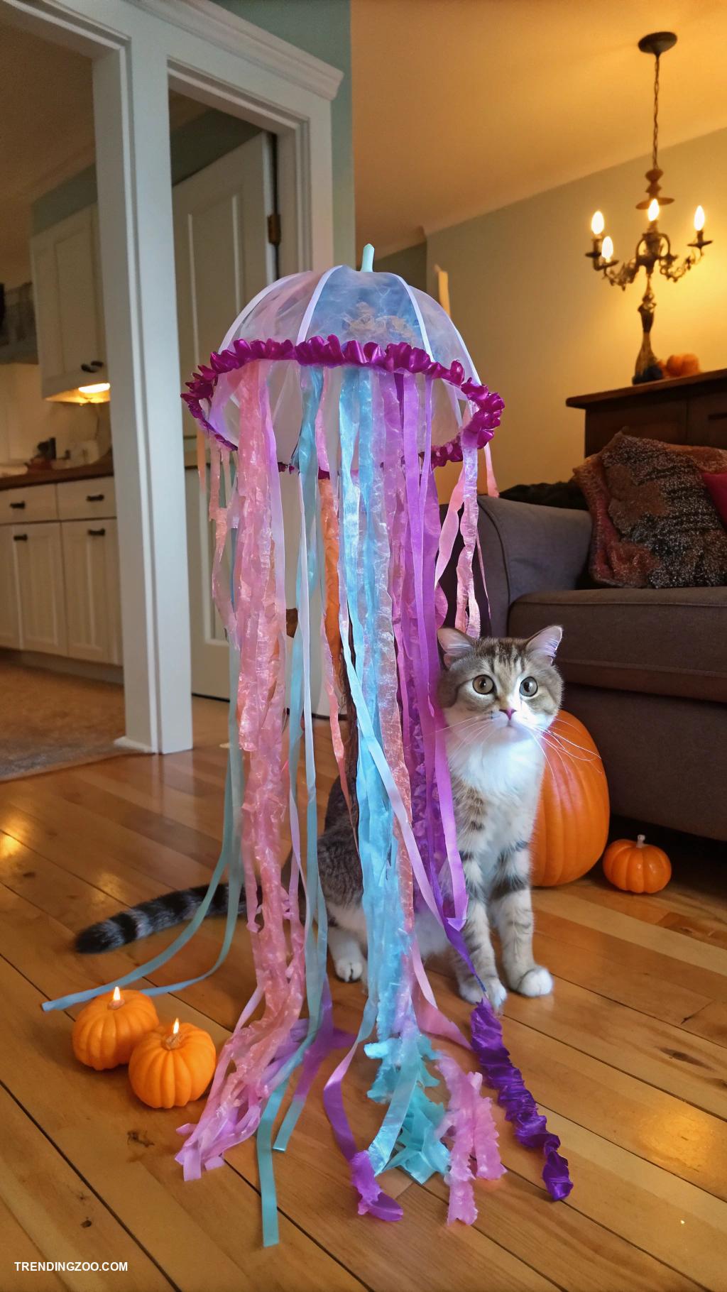 cat halloween costumes Jellyfish with colorful tentacle fabric