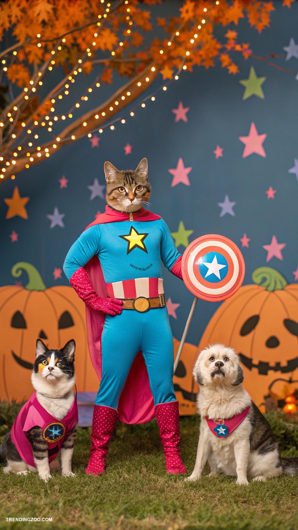 cat halloween costumes Superhero with colorful spandex and shield