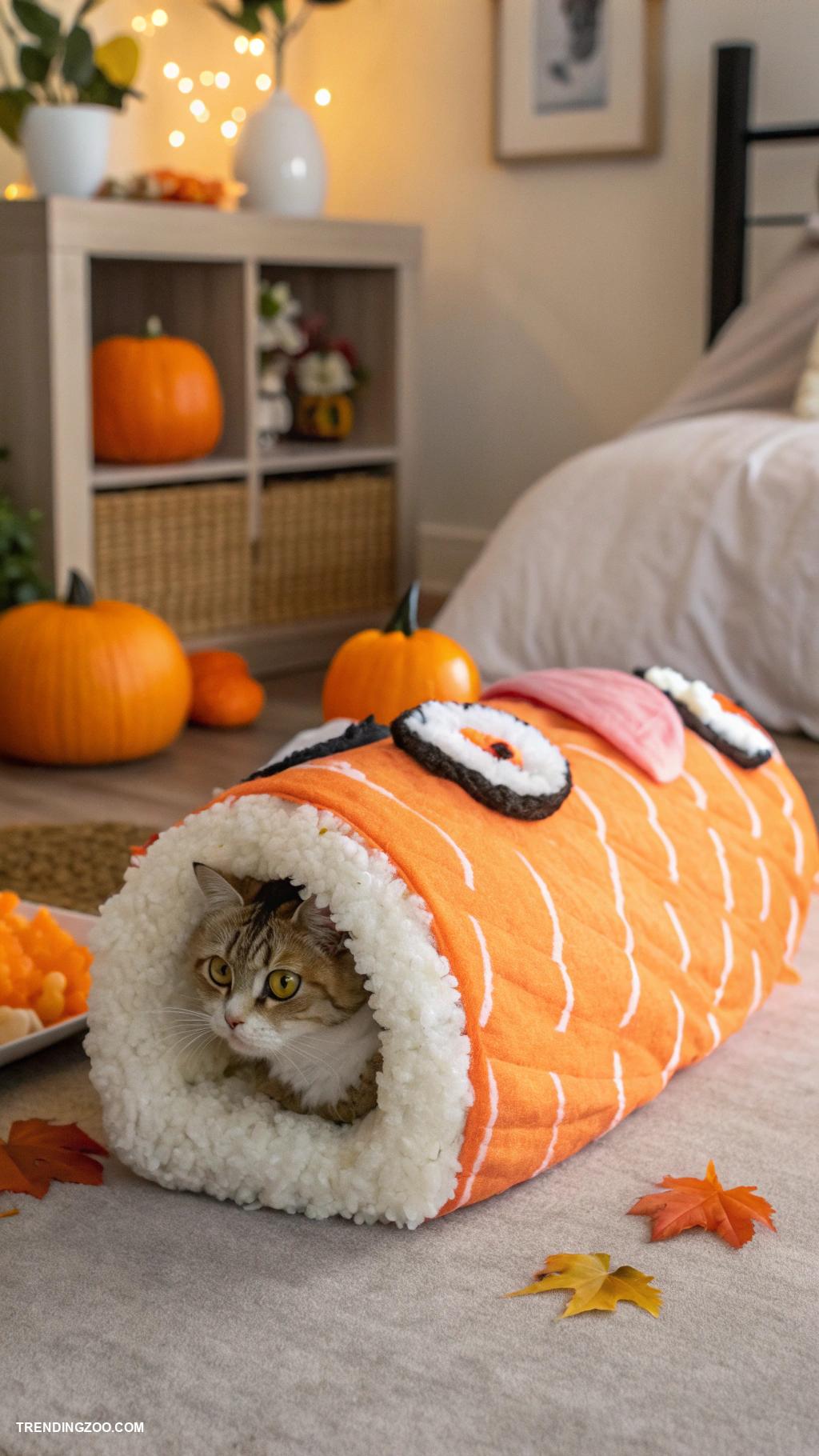 cat halloween costumes Sushi roll with plush fish and rice