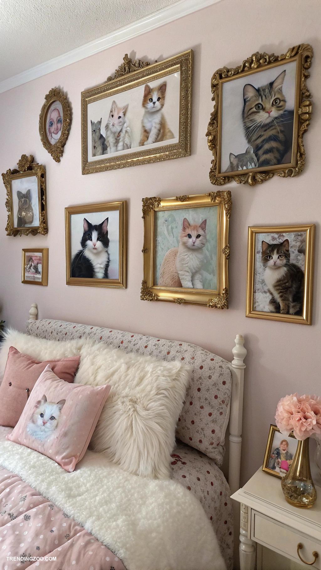 cat themed bedroom ideas Art display featuring custom cat portraits