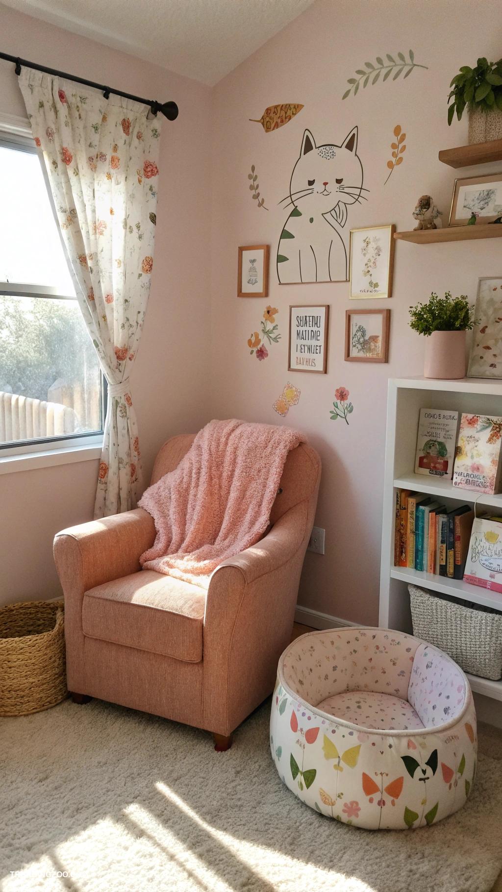 cat themed bedroom ideas Cozy reading nook with cat friendly furniture