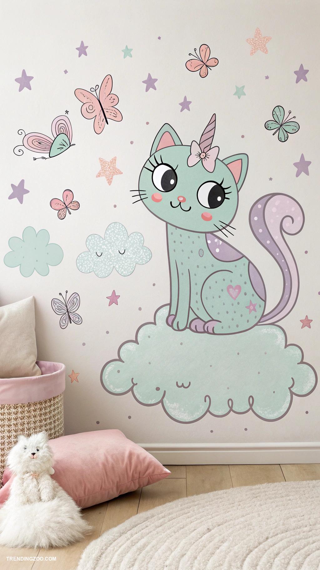 cat themed bedroom ideas Whimsical cat wall decals in soft colors