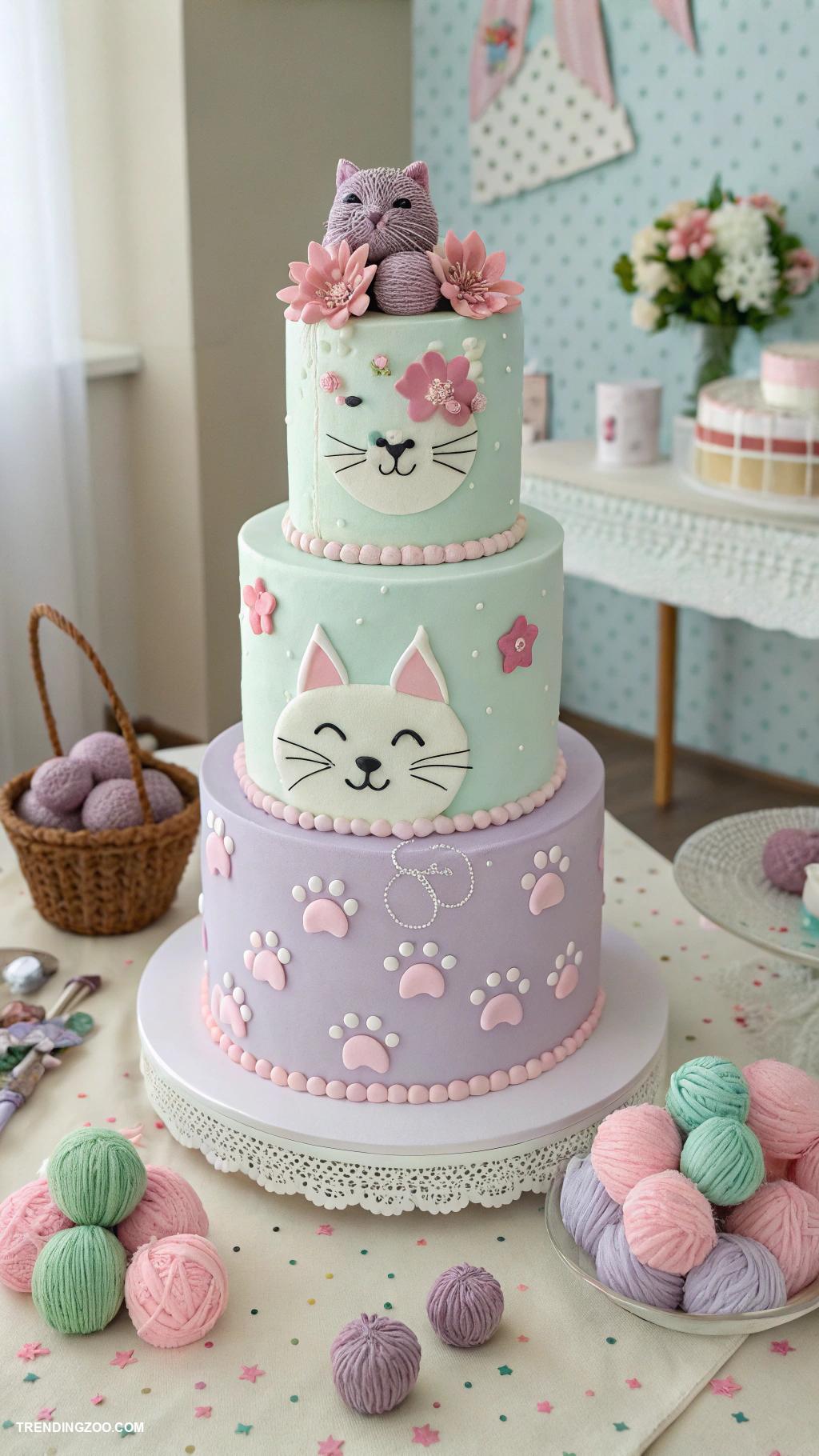 cat themed birthday party Cat themed cake with paw print decorations