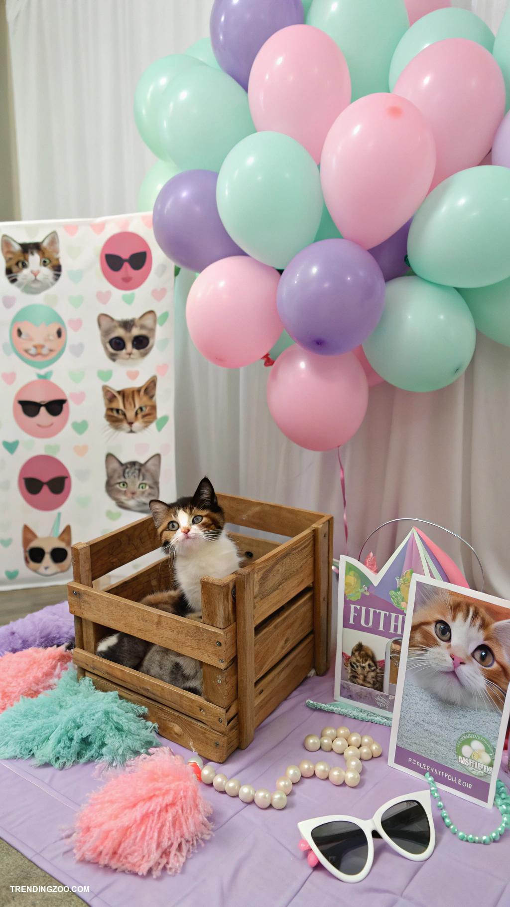 cat themed birthday party Feline photo booth with props