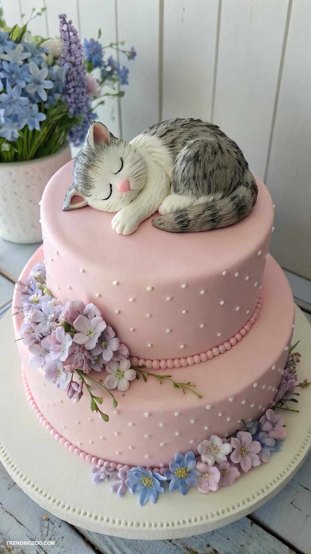 cat themed cake ideas Sleeping Cat Fondant Cake Design