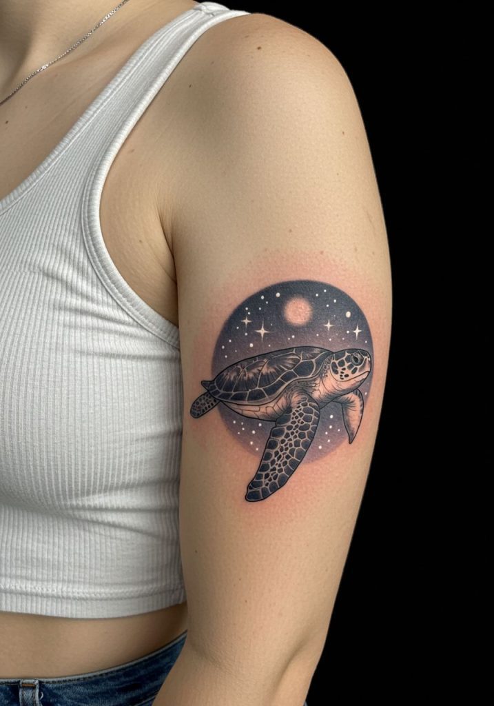 cute turtle tattoo ideas Moonlit turtle against starry sky