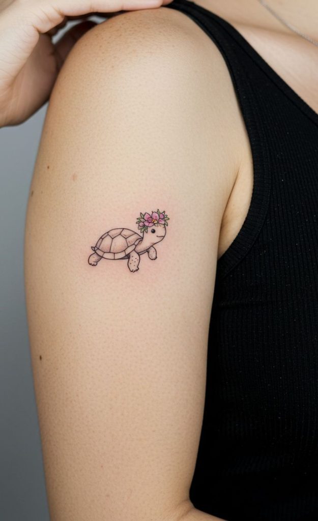 cute turtle tattoo ideas Tiny turtle with a flower crown