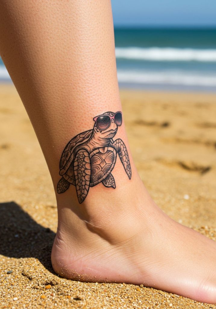 cute turtle tattoo ideas Turtle wearing sunglasses by the beach