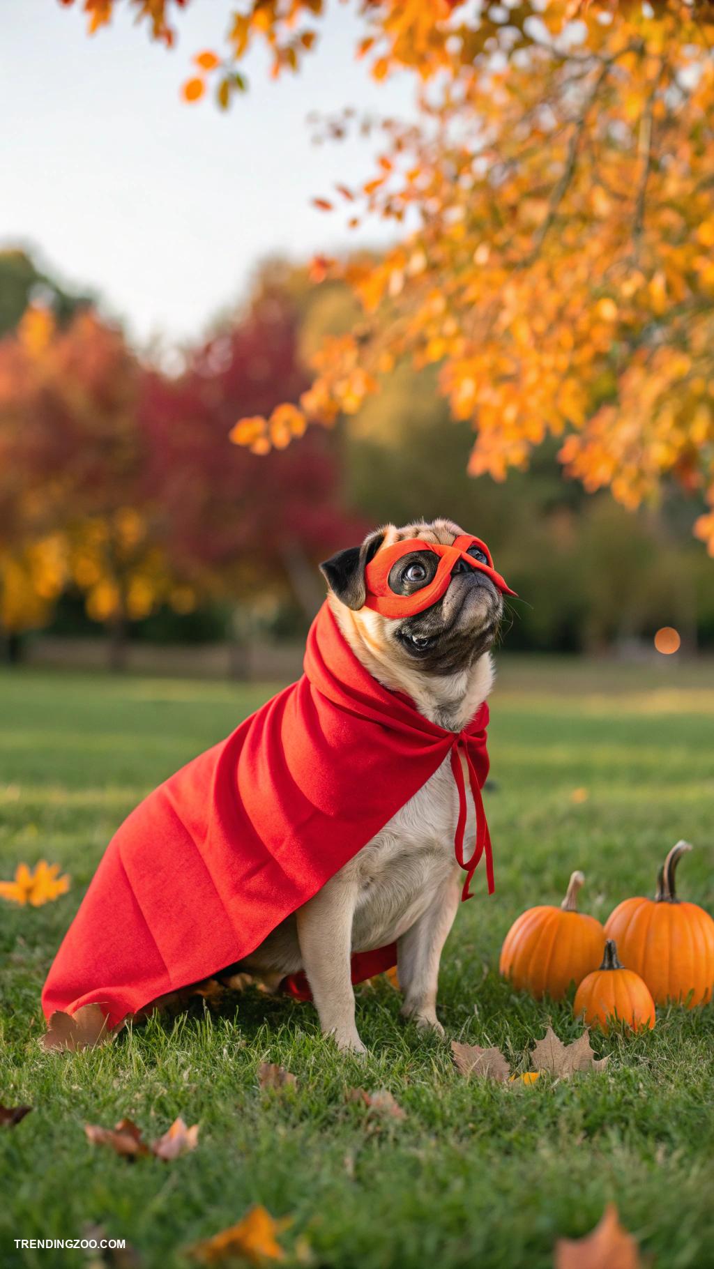 dog halloween costumes Superhero pug in cape and mask