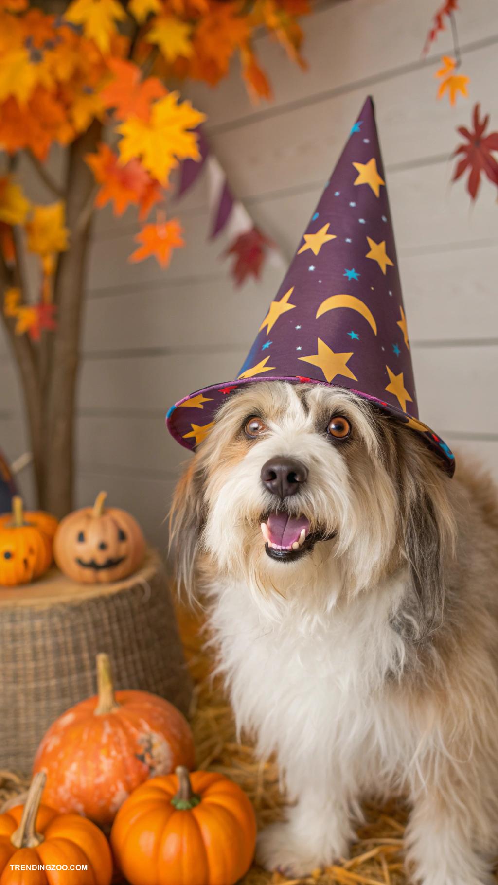 dog halloween costumes Wizard dog with a pointed hat