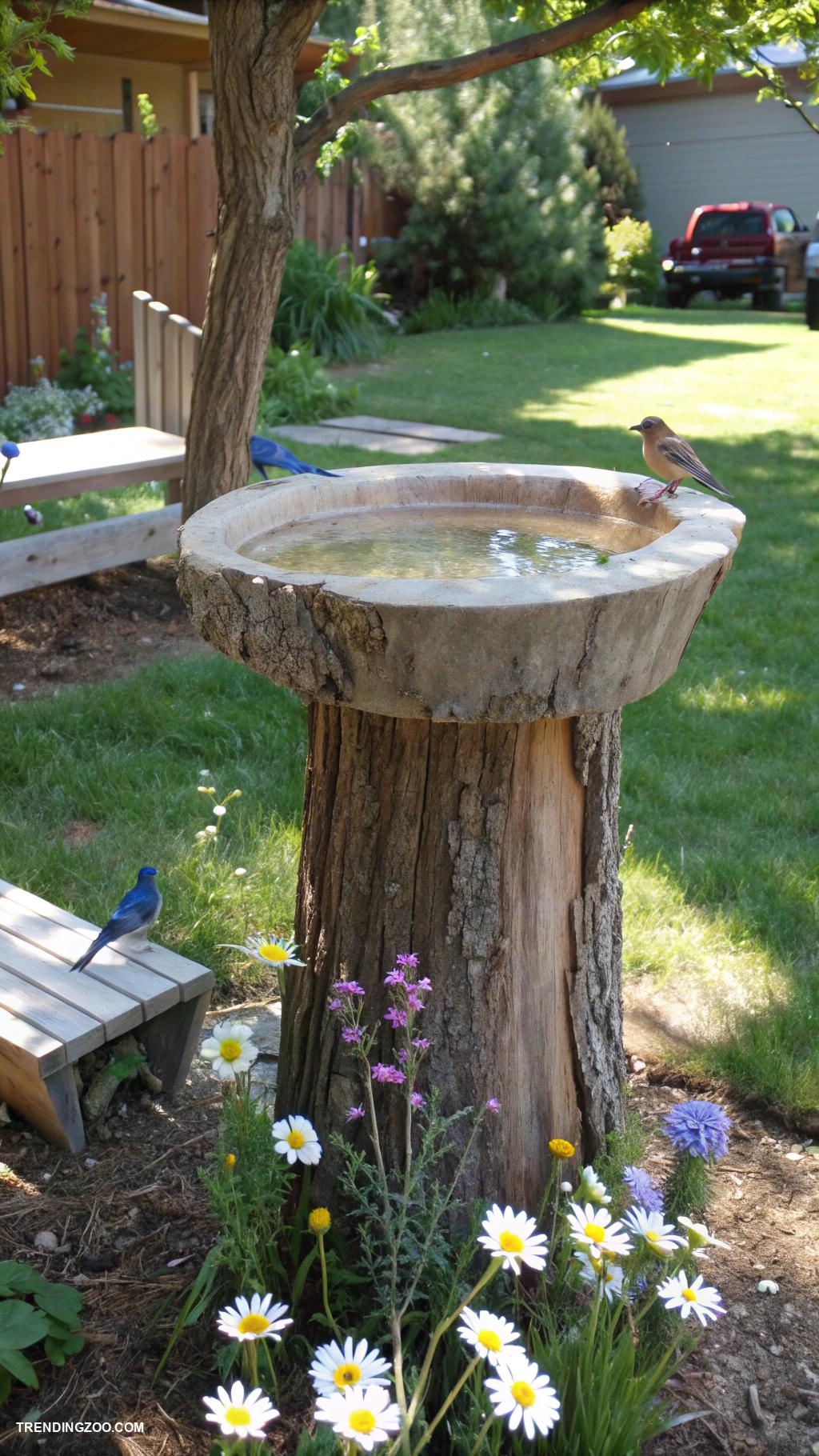 homemade bird baths Turn a tree stump into a bird bath