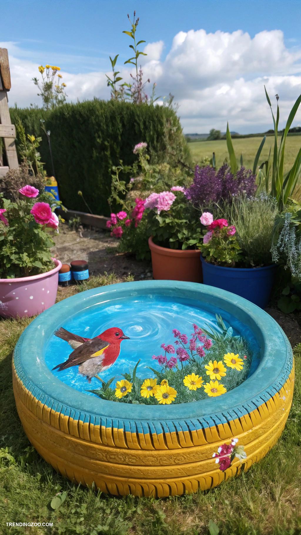homemade bird baths Use an old tire as a colorful bath