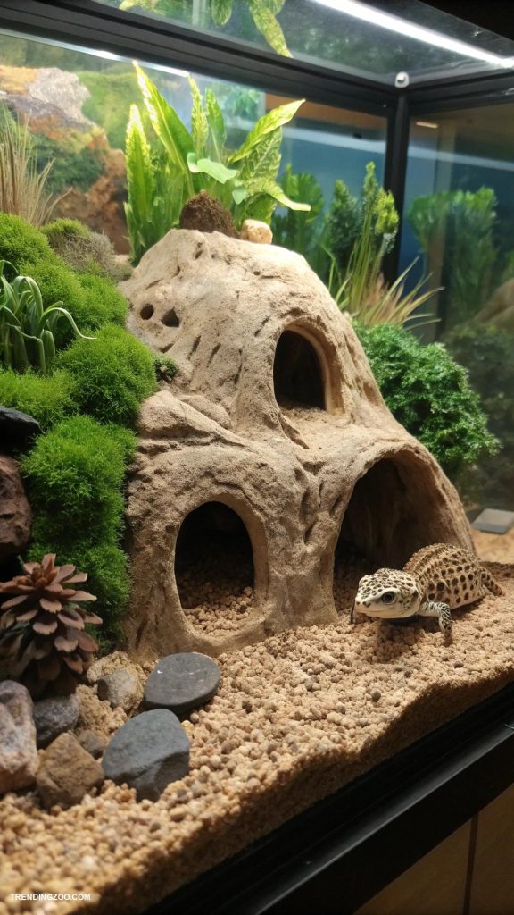 leopard gecko terrarium ideas Cave setup with hiding spots