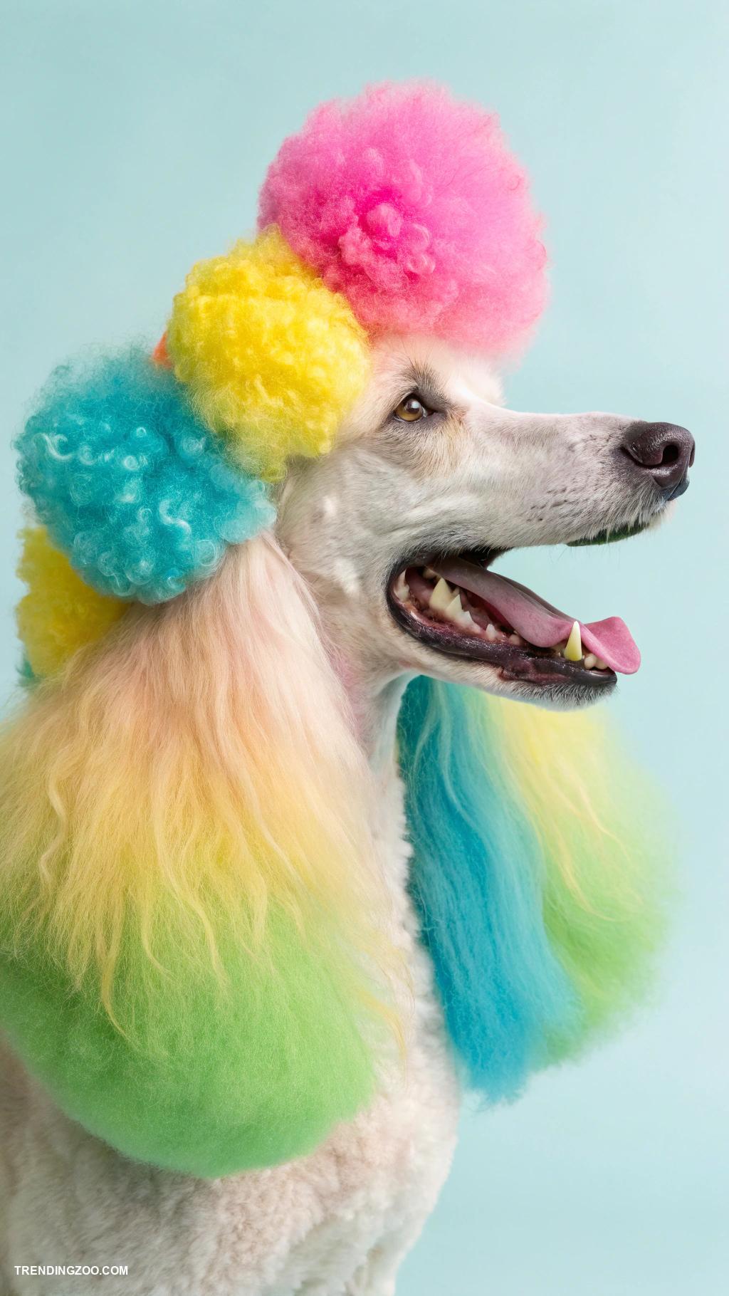 standard poodle haircuts Whimsical Rainbow Dyes with Pom Poms