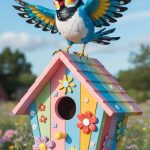 bird house painting ideas Cartoon style birds in vibrant colors