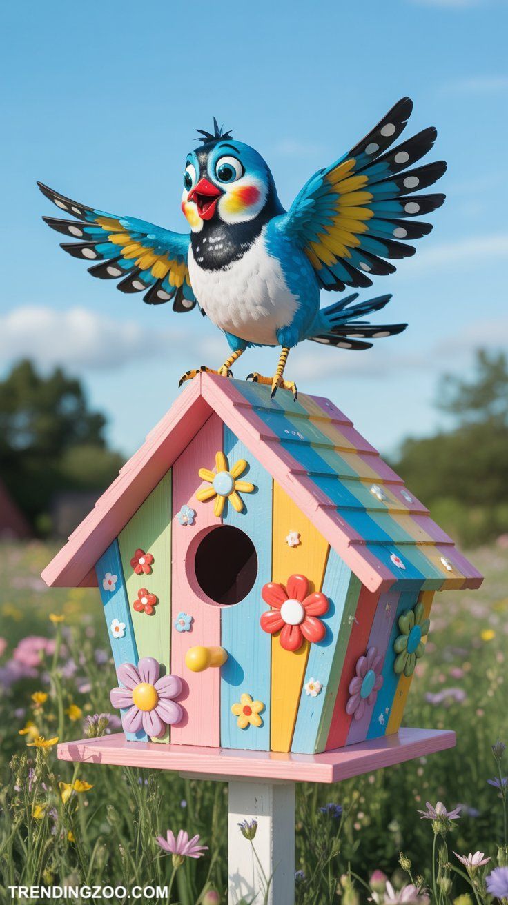 bird house painting ideas Cartoon style birds in vibrant colors
