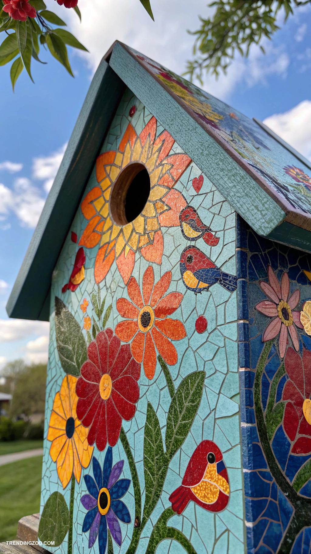 bird house painting ideas Colorful mosaic patterns with natural elements