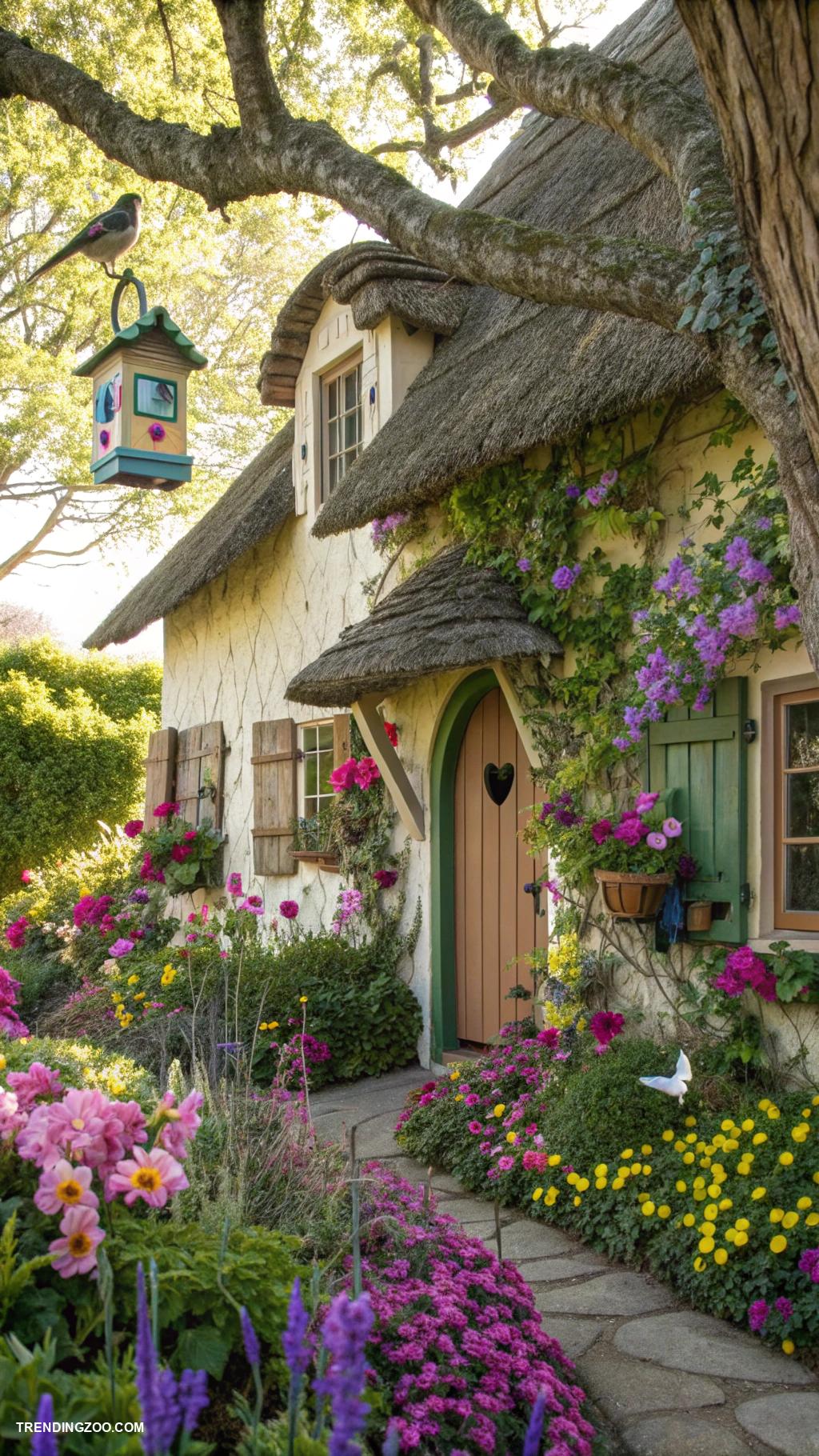 bird house painting ideas Fairy tale cottage with whimsical flowers