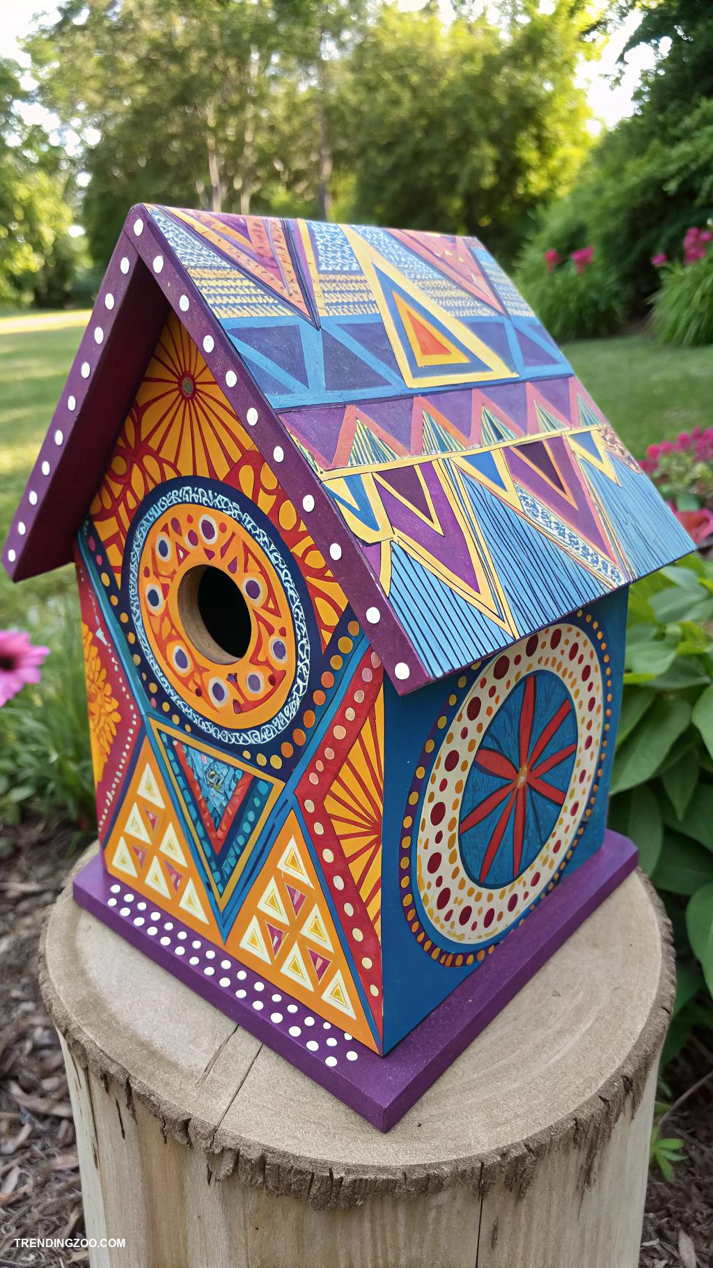 bird house painting ideas Geometric patterns in vibrant colors