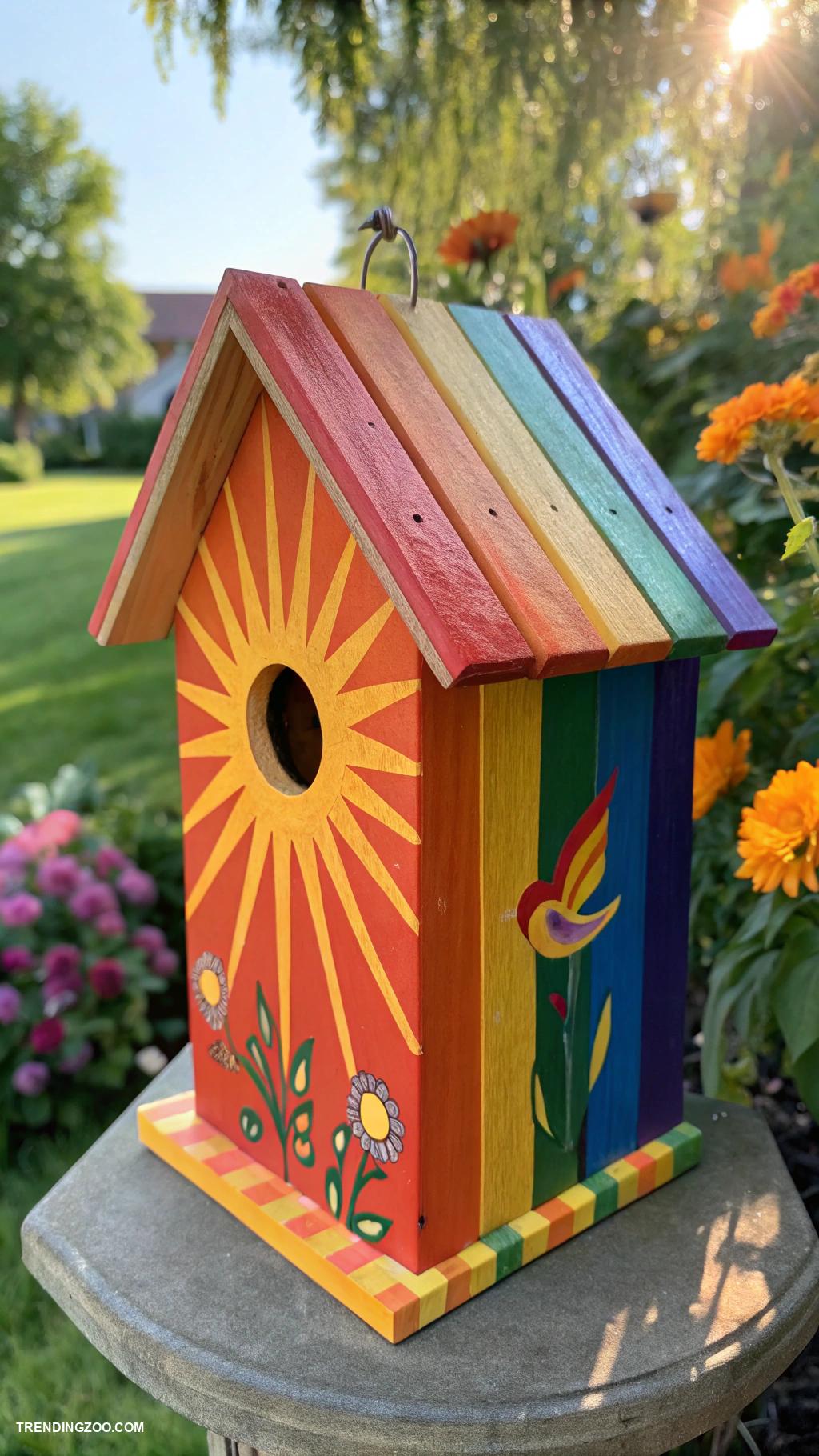 bird house painting ideas Rainbow stripes with a sunshine roof