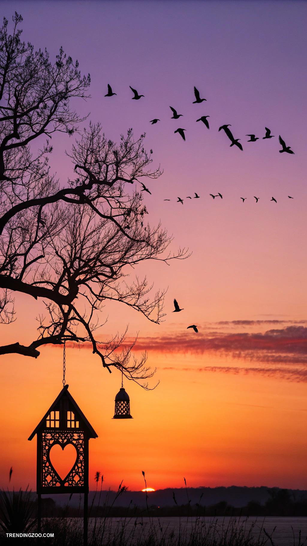 bird house painting ideas Sunset gradient with silhouettes of birds